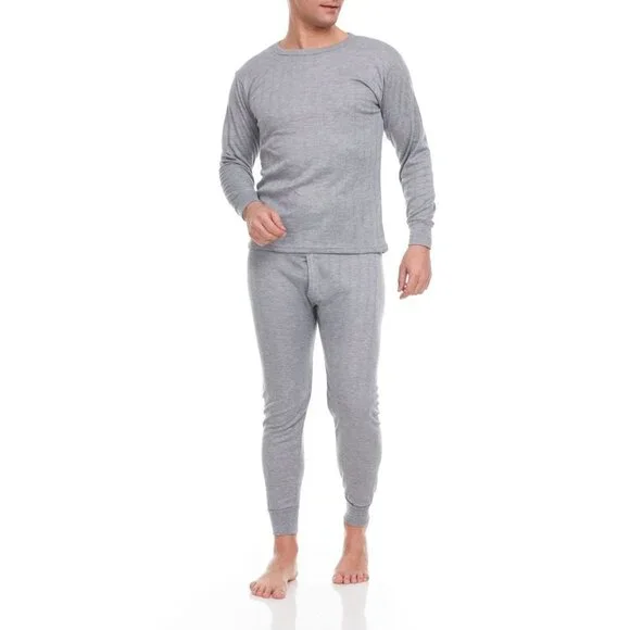 Thermal Underwear Men Light Gray Cotton Fleece Lined Long Johns Winter Baselayer - Picture 2 of 6
